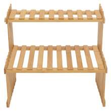 LIVINGANDHOME 2-Tier Tabletop Bamboo Plant Shelf, Desktop Flower Stand, Mini Potted Plant Rack, Succulent Display Holder, Countertop Plant Organizer, Natural Wood Adjustable Slatted Bamboo Rack With Anti-Slip Fence For Small Succulent Greenery Decor - Natural Wood Finish - View 4