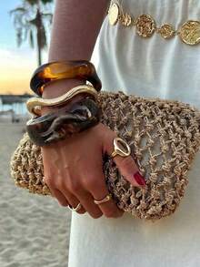 3pcs Bohemian Style Chunky Resin & Wavy Gold Bracelet Set, Stackable, Women's Party Accessories - Multicolor - View 1