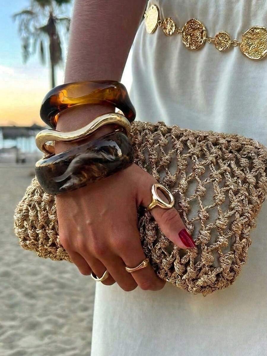 3pcs Bohemian Style Chunky Resin & Wavy Gold Bracelet Set, Stackable, Women's Party Accessories - Multicolor - View 1