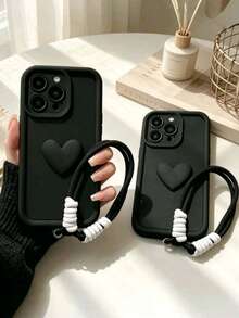 1pc 3D Heart Phone Case Compatible With IPhone 17 Pro Max, 16, 15, 14, 11 With Lanyard, Minimalist Phone Cover - Black - View 3