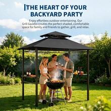 Cenador para parrilla 8x5 pies para exteriores - Techo doble metálico, resistente al clima - Incluye toldo, 2 barras de servicio, 5 ganchos, abrebotellas y estacas - Ideal para patio o jardín - Negro - Ver 6