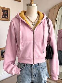Women's Warm Lined Hooded Zip-Up Sweatshirt, Outdoor Casual Winter Sweatshirt, Versatile For Multiple Occasions - Pink - View 4