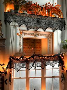 1pc Halloween Black Lace Spider Web Fireplace Shawl Scarf Set, Halloween Shawl Scarf, Black Lace Spider Web Design, Holiday Party Decoration, Prop To Create Halloween Party Atmosphere, Halloween Decoration, Indoor And Outdoor Decor, Used For Fireplace Decoration. Halloween Decoration, Indoor Fireplace Scarf, Suitable For Halloween Decoration, Holiday Party Supplies And Decor. - Multicolor - View 6