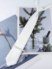 ZONFAZ 2pcs Men/Women White Slim Elastic Tie With Tie Clip, Adjustable Elastic Size, Suitable For Wedding, School Performance, Party - White - View 1