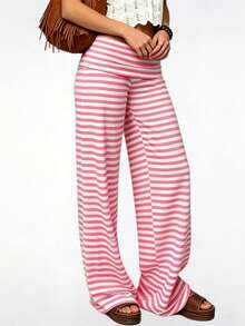 Fold Over Yoga Pants For Women Y2K Striped Low Rise Wide Leg Leggings Sweatpants Cozy Stretchy Foldover Lounge Pants Going Out Clothes - 粉色 - 查看 6