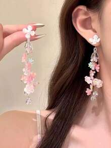 1對優雅甜美花卉流蘇耳環，適合女性度假與旅行穿搭 - 淺粉色 - 查看 6