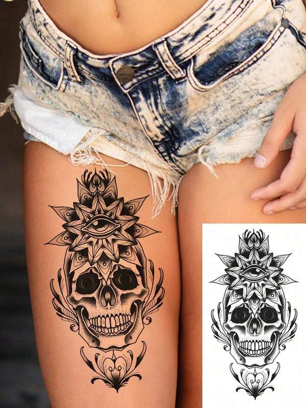 Body Art Temporary Tattoo Sticker With A Black Cyberpunk-Style Skull Design On The Wrist, Arms, Legs, Collarbone, Shoulders, And Back.Body Decoration.