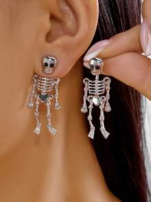 1 Pair Halloween Gothic Skeleton Movable Bone Pendant Earrings, Halloween Women's Jewelry Gift - Silver - View 1