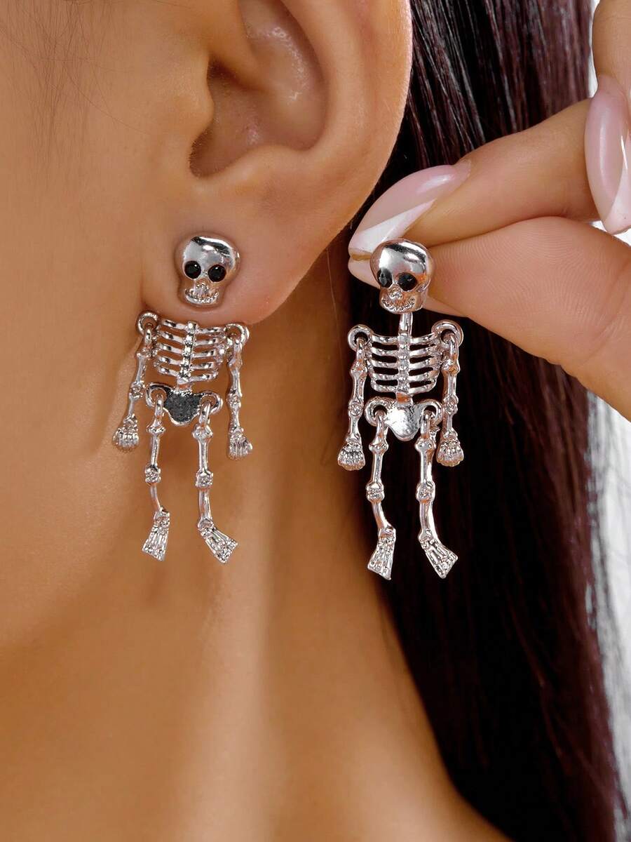 1 Pair Halloween Gothic Skeleton Movable Bone Pendant Earrings, Halloween Women's Jewelry Gift - Silver - View 1