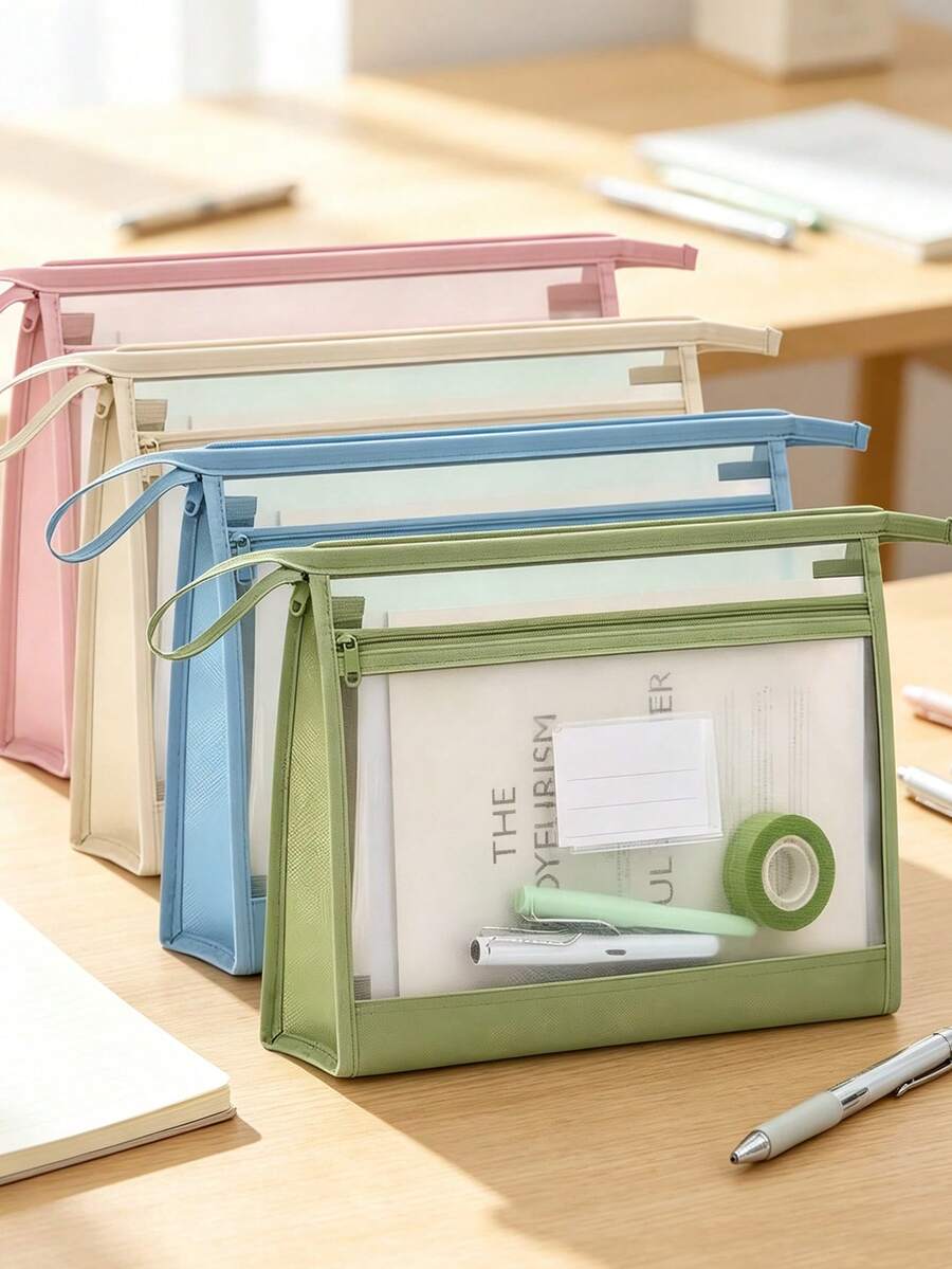 Extra Large A4 Mesh Zipper Bag, Pencil Case, Stationery Storage Bag - Transparent Breathable, Waterproof Design, Suitable For School And Office; Dual Zipper Large Capacity A4 Transparent Mesh File Storage Bag, Tear-Resistant And Reusable; Suitable For Storing Stationery, Cosmetics And Art Supplies, Spacious; Portable File Storage Bag Suitable For School And Office. - Multicolor - View 1