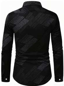 Black Base Dark Pattern Geometric Diagonal Stripe Long Sleeve Shirt, Men's Commuter Printed Shirt - Black - View 3