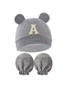 Baby A-Z Letter Newborn Hospital Cap&Anti-Scratch Mittens Gift Set Cartoon Bear Ear Newborn Baby Hat Soft Boy Girl Hats Beanie Cap Bonnet 0-3M - Grey - View 3