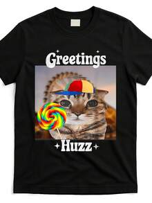 Maglietta unisex in puro cotone con design divertente di gatto - O Retro Arcade - "Greetings Huss Meme" Maglietta in cotone morbido per uomo e donna - Vintage Video Game - nero - Visualizzare 5