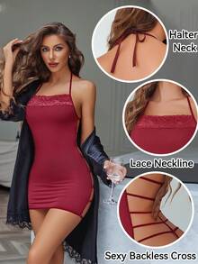 DITZN Women's Sexy Lingerie, Figure-Hugging Lace-Collar Nightgown - Burgundy - View 2