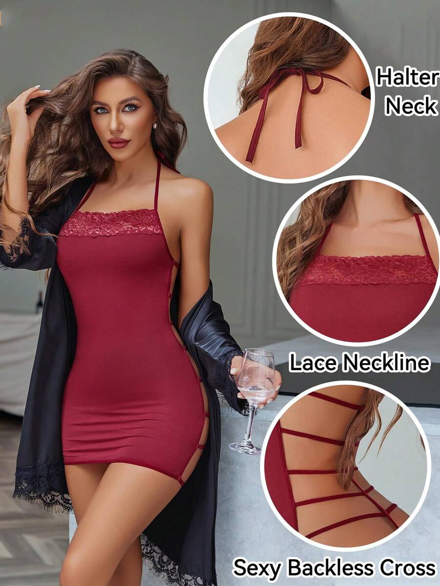 DITZN Women's Sexy Lingerie, Figure-Hugging Lace-Collar Nightgown