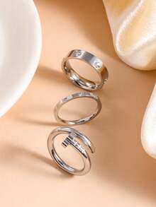 3pcs/Set Gold-Plated Clover Rings For Women, Cubic Zirconia Stackable Rings Jewelry Gift - Style a - View 8