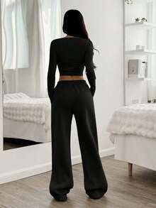 Youth Girl Cartoon Print Round Neck Long Sleeve Slim Fit Cropped Base Layer Top And Pants - Black - View 2