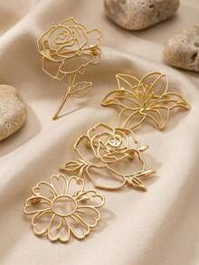 4pcs Elegant Golden Minimalist Hollow Flower Brooches, Line Art Rose Daisy Lily Pins For Backpack, Women Aesthetic Jewelry Accessories, Y2K - Gold - View 13