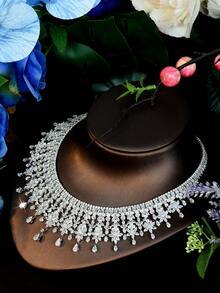1 Set Elegante Floral de Zirconia Pesada de 4 Piezas, Accesorios de Vestido para Negocios, Gala Nocturna, Alfombra Roja, Pasarela y Ceremonia de Premiación - Plateado - Ver 5