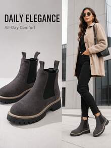 Autumn/Winter New Gray Suede Thick Sole Chelsea Ankle Boots, Slouchy Slip-On Design Height-Increasing Platform Boots, Wear-Resistant Non-Slip Rubber Sole Street Style Versatile Cylinder Boots - Grey - View 4