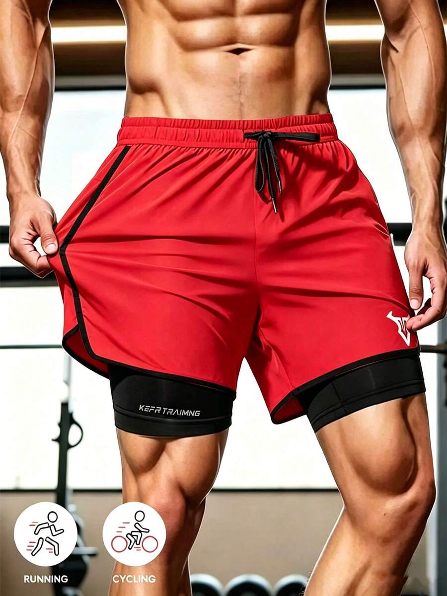 1pc Solid Color Bull Head Print Sports Shorts, Abrasion-Resistant Lightweight, Double Layer Unisex Running Outdoor Fitness Spring/Summer Shorts Red - Red - View 1