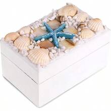 CoTa Oceanic White Wooden Jewelry Box - Handcrafted Nautical Trinket With Seashell And Starfish Decorations, Accent Tabletop Decor, Jewelry Storage - 4.4 Inch - 1PC - View 1