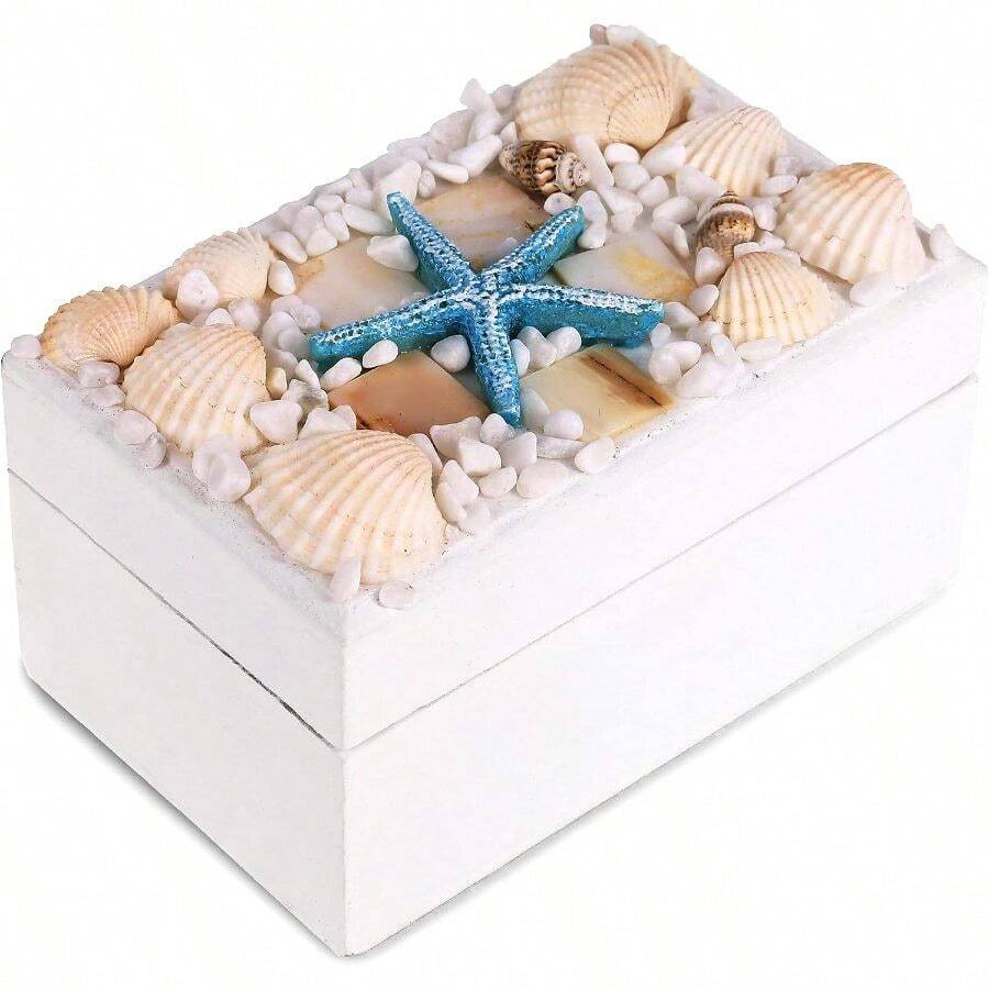 CoTa Oceanic White Wooden Jewelry Box - Handcrafted Nautical Trinket With Seashell And Starfish Decorations, Accent Tabletop Decor, Jewelry Storage - 4.4 Inch - 1PC - View 1