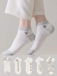 ZUJO 5 Pairs Women's Gray & White Short Socks, Cartoon Bear & Heart Pattern, Suitable For Spring/Autumn Daily Wear, Simple & Comfortable, Random Color - Multicolor - View 1