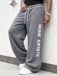 1pc Men's Minimalist Street Style Artistic Gothic Font Wide Leg Loose Casual Long Pants - Dark Grey - View 3