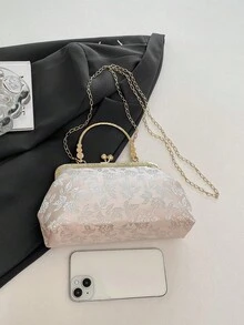 Dedoo 女款晚宴手拿包，柔軟弧形框架手提包，東方優雅風格，適合婚禮、茶會、新娘場合（隨機花紋） - 粉色 - 查看 6
