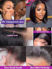 Dollface Short Bob Lace Front Wigs Made Of Human Hair, 13x4 Lace Design, With Smooth Styles And 200% Density For Women. HD 13x6 Transparent Lace Front Wig, Pre-Plucked With A Natural Hairline. 4x4 And 5x5 Straight Human Hair Wigs. - Natural Black - View 7