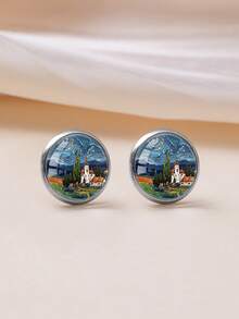 1 Pair Artistic Vintage Style Starry Night Town Pattern With 316 Stainless Steel Round Stud Earrings Suitable For Women's Daily Wear - Green - View 3
