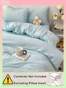 3件組淺藍色3D提花被套組，床上用品，1件被套和1或2件枕套，柔軟舒適家居紡織品，男女生宿舍床上用品，清新INS風，可機洗，不含填充物 - 淺藍色 - 查看 4