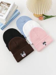 GARASSACC 1pc Women's Embroidered Cute Shiba Inu Lightweight Versatile Knit Hat - Dog - View 3
