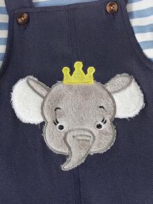 2pcs/Set Baby Boy Casual Comfortable Blue Striped Long Sleeve T-Shirt And Cute Elephant Pattern Embroidered Shoulder Strap Romper Set, Suitable For Autumn - Blue - View 7