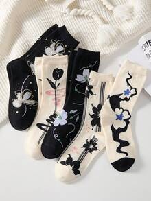 5 Pairs Elegant Ink Floral Pattern Women's Mid-Calf Socks, Non-Slip Comfortable, Suitable For All Seasons - View 8