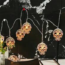 1pc 10 LED Skull String Lights With Vibrant Floral Pattern - Battery Powered (Batteries Not Included), Suitable For Halloween, Day Of The Dead, Haunted House And Home Decor - Plastic Material, Switch Control, No Plug Required, Halloween Decoration - Multicolor - View 7