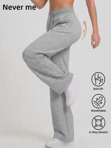 Never me Women's Solid Color Heather Gray High Waist Drawstring Wide Leg Pants With Pockets, Soft Drapey Running Casual Floor Length Trousers - Light Grey - View 3