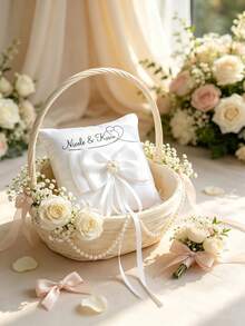 客製化白色婚戒托盤，優雅大蝴蝶結婚戒枕，可客製姓名，緞面戒指墊，帶緞帶蝴蝶結方形托盤，浪漫戒指架，婚禮儀式、週年紀念，送給新郎新娘的創意禮物 - 彩色 - 查看 3