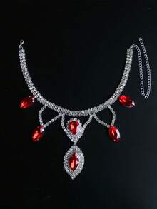 Übertriebene personalisierte Wassertropfen Halskette & Ohrringe Mode Multifunktionale Strass Braut Hochzeit Schlüsselbein Kette - Rot - Übersicht 3
