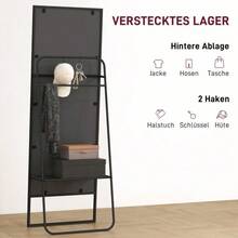 Full-Length Mirror, Industrial Design, Back Shelf, 2 Hooks, Metal Frame, For Bedroom, 157 X 50 Cm, Black - Black - View 5