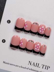 10 Pieces Short Square Handmade Press On False Nails Set With Nail Tools Nude Base Black French Nails Decorated With Pink White Printed Small Flowers And Mini Rhinestones Suitable For Work Dates Trips And All Kinds Of Daily Casual Occasions - Multicolor - View 10