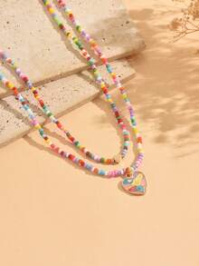 Set Kalung Liontin Hati Manik-Manik Berwarna-warni Manis dan Lucu untuk Musim Panas, Perhiasan Leher Wanita Populer Cocok untuk Pemakaian Sehari-hari, Liburan, Pesta, dan Kencan, Susunan Warna Manik-Manik Acak - MultiWarna - View 3