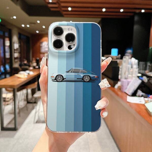 1pc White Frame Gradient Blue Vertical Stripe Vintage Sports Car Full Coverage Shockproof Phone Case, Low Saturation Cool Tone JDM Classic Sports Car Ins Minimalist Cool Style Men's Versatile Transparent Soft Shell, Compatible With IPhone17/17Pro/17ProMax/16/11/16Plus/16ProMax/16e/15ProMax/13/14/12/14ProMax/12ProMax/13ProMax/12Pro/13Pro/14Pro