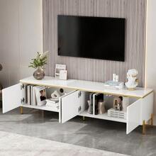 Modern, High-Gloss TV Stand, Four Cabinet Doors, Cable Management - 白色 - 查看 2