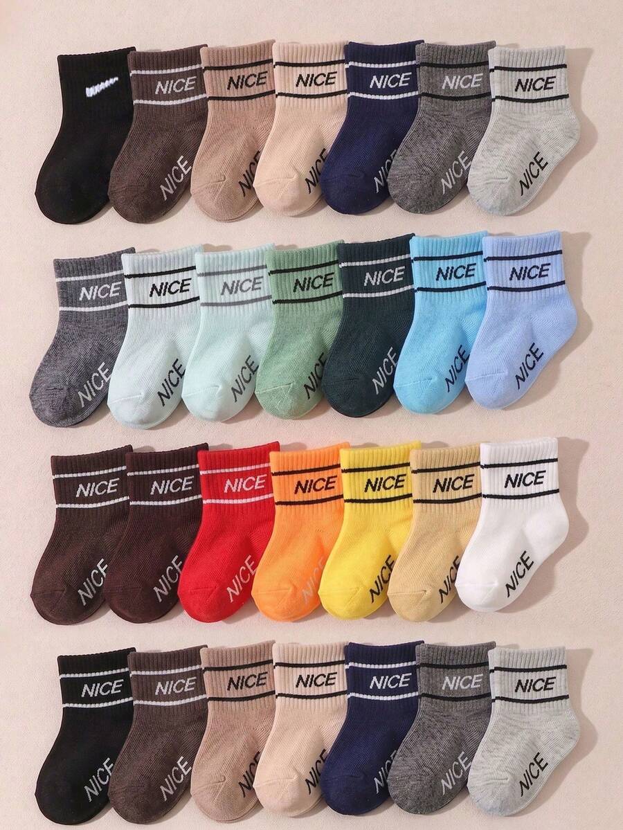 10 pares de calcetines de media caña con estampado de letras NICE y doble raya, estilo aleatorio, suaves y transpirables, calcetines deportivos adecuados para niños pequeños, bebés, recién nacidos, regalo para baby shower - Multicolor - Ver 1