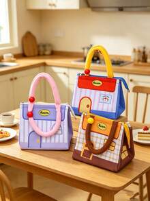 1pc/6pcs Back‑To‑Season Cute House‑Print Lunch Tote Bag, Soft Comfortable Hand‑Strap, Zipper Closure, Spacious Interior For Meals & Tableware, Lovely Color‑Matching Design, Ideal For Office, Picnic And Daily Outings - Multicolor - View 4