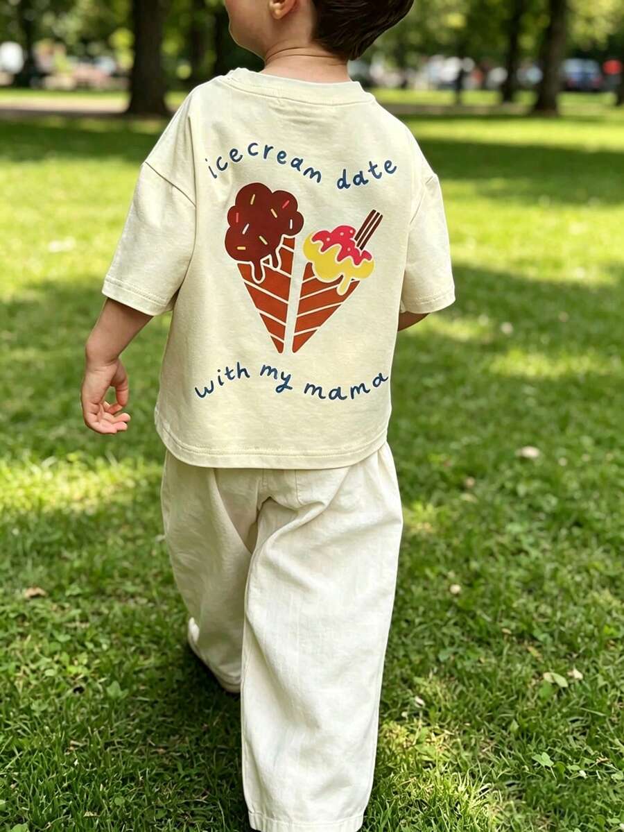 Young Boy Casual Fun Print Crew Neck Short Sleeve Pullover T-Shirt Summer Top - Apricot - View 1