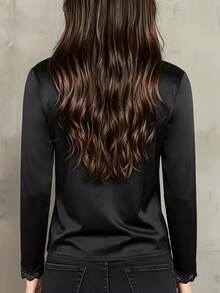 Women's Solid Color Sweet Satin Lace Patchwork V-Neck Tie Loose Fit Vacation Style Top, Lace Patchwork Tie Long Sleeve Solid Color V-Neck Top, - Black - View 5