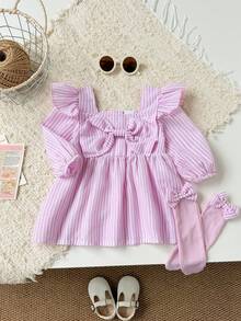 Baby Girl Pink & White Striped Dress, Square Neck Ruffle Flutter Puff Long Sleeve, Large Bow Design On Chest, Loose Pleated Cake Skirt, Matching Bow Knee-High Socks, Sweet Fresh Princess Style, Spring/Autumn New, Suitable For Daily Wear, Birthday Photo Outfits, Popular In Europe, America, Middle East, Ins Style Gentle Chic Baby Clothes - Pink - View 2